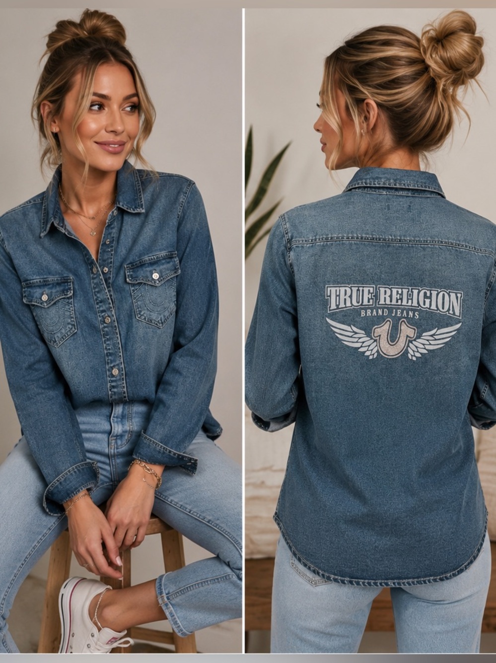 TRUE RELIGION NWT Denim Button Front Shirt Women Medium Western Casual Top